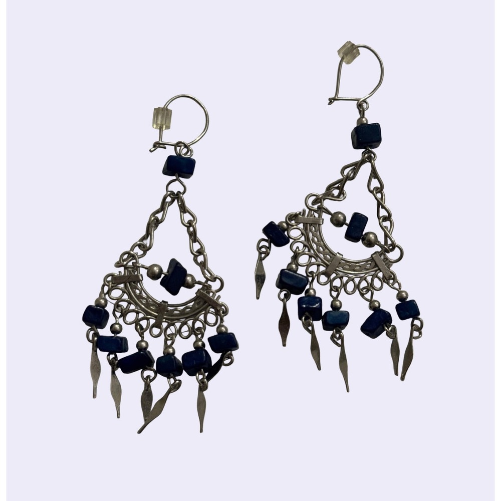 Vintage Silver Tone Chandelier Earrings Blue Stone Chip Dangle Statement